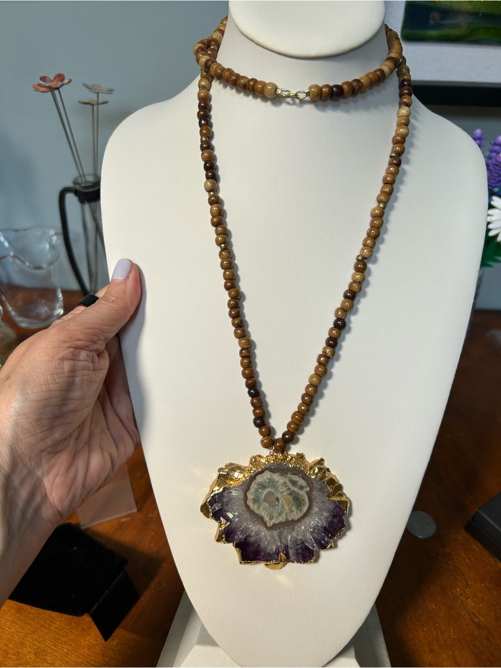 Handcrafted Brown Beaded Necklace with Purple Agate Pendant